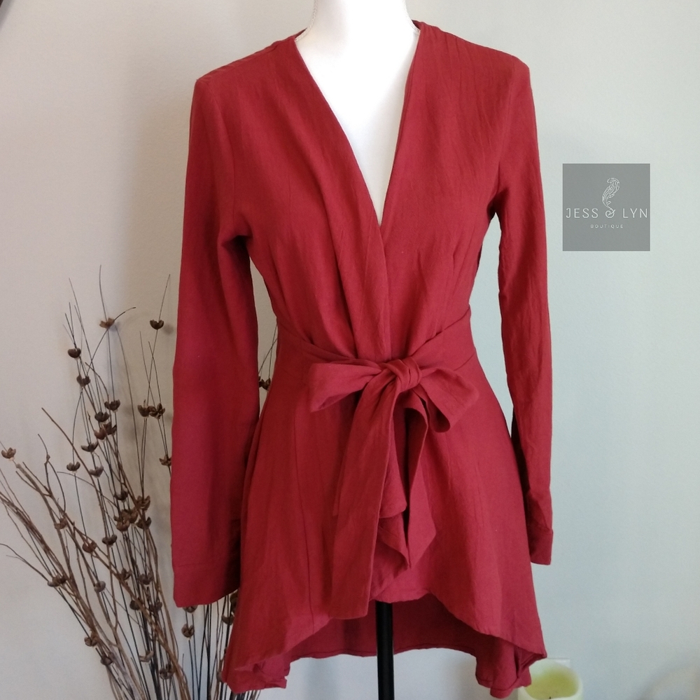 🆕 CHELLE-Burnt Red w/Tie Hi-Lo Cardigan